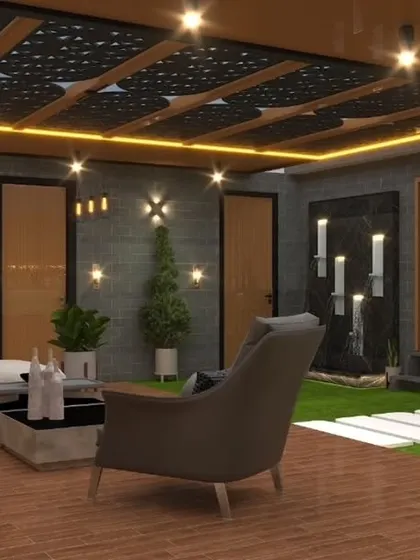 A 3D render of a spacious rooftop entertainment area. The design includes a large wooden deck, multiple seating zones, and dramatic ceiling and wall lighting.