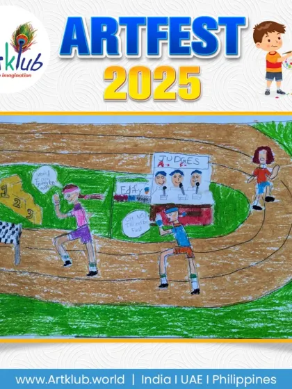 This detailed junior artwork shows a track and field event. The artist included runners on a track, a finish line, and even a booth for the judges.