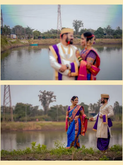 Two views of the couple by the water, one a soft-focus romantic shot and the other a wider frame capturing their walk together.