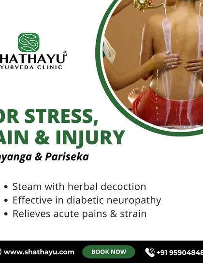 The combination of Abhyanga and Parisheka is a powerful treatment for pain and injury. The herbal steam helps to relieve muscle strain and is also beneficial for managing the symptoms of diabetic neuropathy.