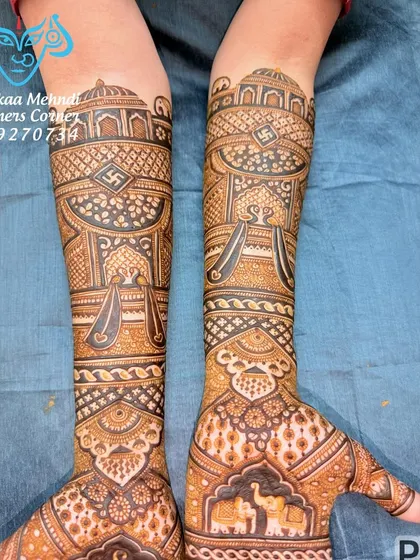 A detailed shot of the forearm work. This image shows the clean lines and careful shading used to create the palace architecture and doli motifs, key elements of a Rajwadi bridal design.