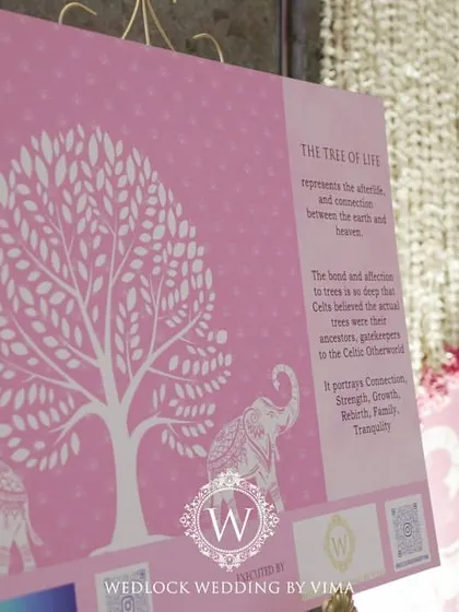 We created custom signage explaining the symbolism of the Tree of Life for this half-saree function. This detail helps guests connect with the deeper meaning of the ceremony.