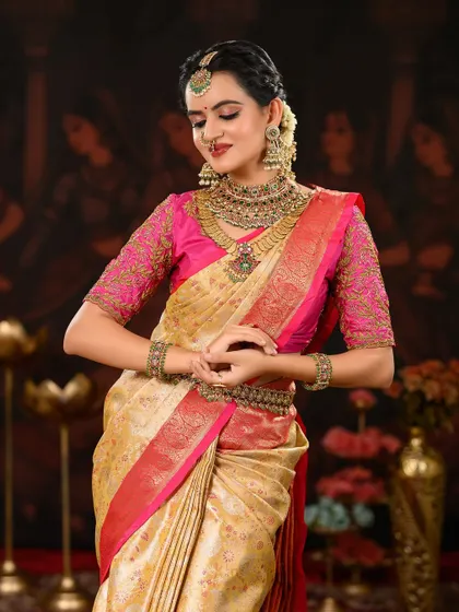 A close-up of the bride's serene expression. The makeup is soft and blended, creating a look of timeless beauty.