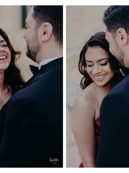 A diptych of pure joy and tender smiles, capturing the genuine connection and happiness of the couple during their pre-wedding shoot in Malta.