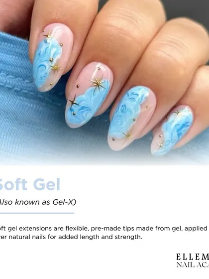 An example of Soft Gel (Gel-X) extensions, showcasing their flexibility and ability to create instant length with a stunning, celestial-themed design.
