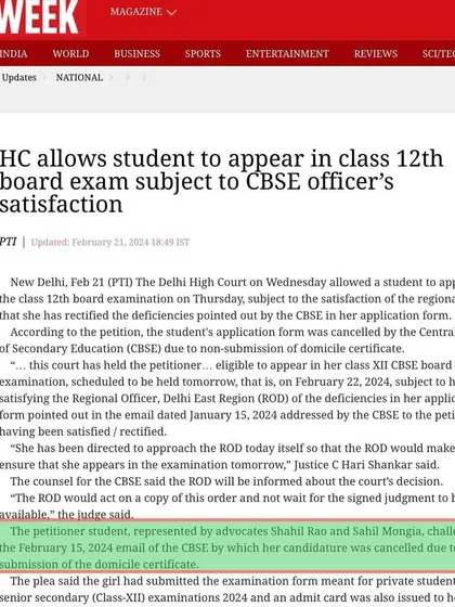 The Week magazine also covered the CBSE case, noting our argument that the student had rectified the pointed-out deficiencies and was eligible to appear for the exam. This was a victory for common sense and fairness.