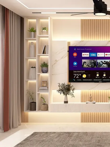 This TV unit is designed to be both a media center and a statement piece. The combination of back-lit shelving, fluted panels, and a marble-finish backdrop creates a look of sophisticated, modern elegance.