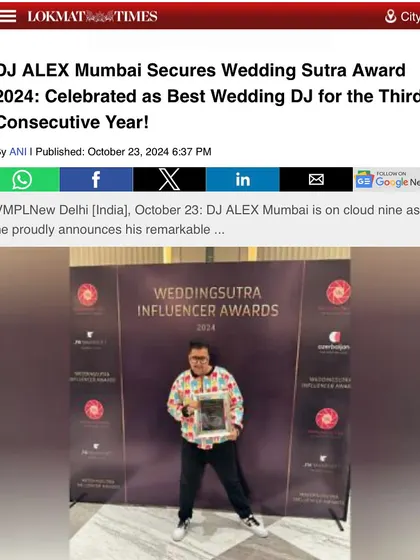 The Lokmat Times covering the Wedding Sutra Award win. This award is a reflection of the trust my clients place in me to make their biggest day memorable.