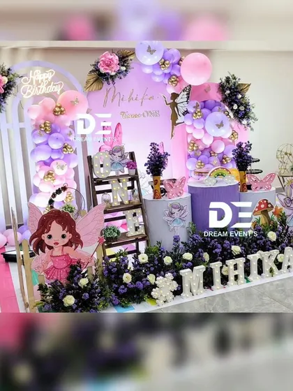 An elegant fairy-themed first birthday for Mihika. I used arched backdrops, a purple and pink color scheme, and beautiful floral arrangements to create a sophisticated and magical setting.