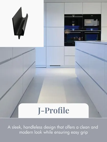 The J-Profile is a sleek, handleless design that offers a clean and modern look for kitchen cabinets. It's perfect for achieving a minimalist aesthetic while still being easy to grip and open.