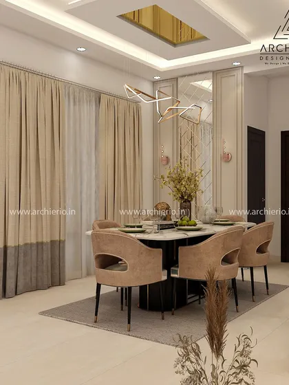 Another view of the dining area, highlighting the modern chandelier and the seamless flow into the living space. The design is cohesive and perfect for a contemporary home.