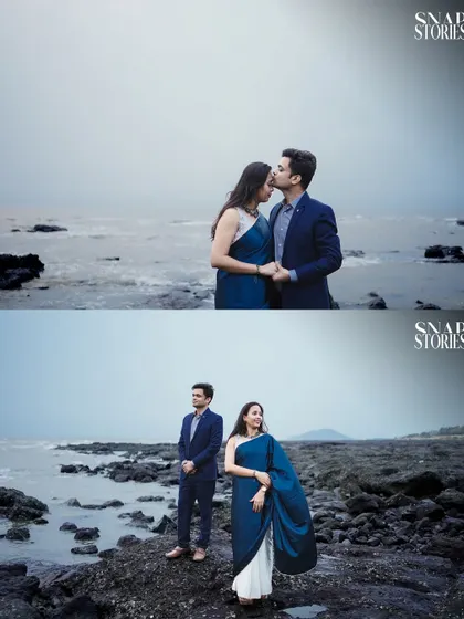 A two-panel collage showing both a romantic close-up and a stylish posed shot of the couple against the backdrop of the sea and rocky shoreline.