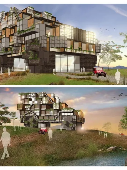 A conceptual design for the Mahindra Resort, envisioned as a "pixelated" structure inspired by building blocks. The modular, stacked form creates a unique and iconic landmark on the landscape.