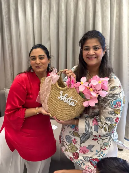 A lovely client photo with her personalized "Ishita" wicker bag for Rakhi. Thank you for making me a part of your celebrations.
