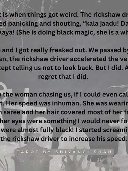 A story of a couple living in Aarey Colony who are chased by a woman with inhuman speed and black eyes, believed to be a witch.