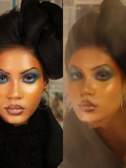 An artistic, high-fashion look with bold blue and green eyeshadow and a glossy lip, created during a premium product workshop.