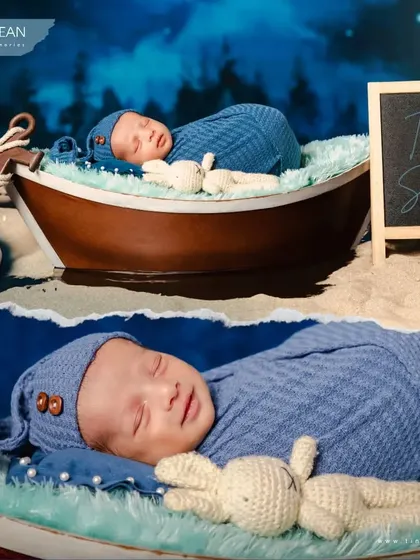 A collage showcasing our adorable "Tiny Sailor" theme. It features a newborn sleeping in a boat prop and close-ups of the baby in a knitted sailor outfit, complete with a toy bunny companion.