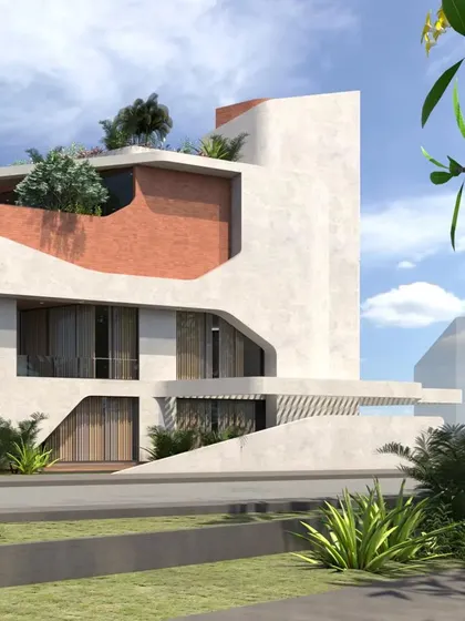 Another render of house 95 96, highlighting the use of brick-colored accents within the white structure.
