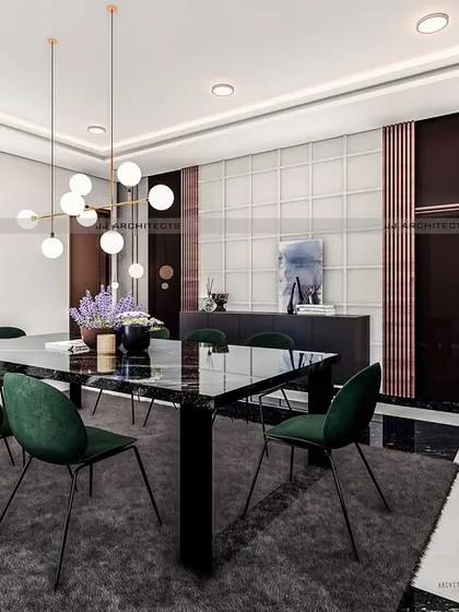 Another perspective of the dining room, showing the mix of wall textures, including white panels, wood slats, and dark reflective surfaces, which add depth and luxury to the space.