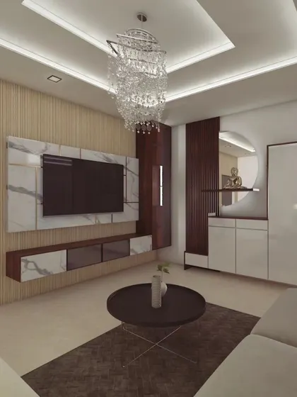 This 3D render shows a living room design featuring a fluted wood panel wall behind a marble-faced TV unit. This visualizes how different textures can be combined for a modern look.