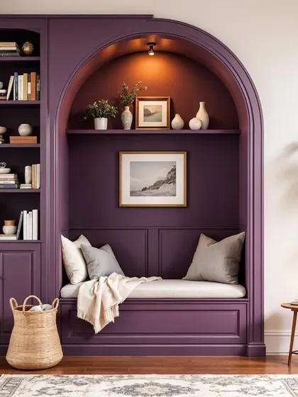 This render showcases a recessed reading nook with an arched design. The deep purple color creates a cozy, cocoon-like feel, perfect for a quiet escape.