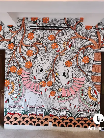 We honor traditional Indian art forms with intricate murals like this Madhubani painting. This piece, featuring decorated elephants under a fruit tree, showcases our ability to execute detailed, culturally rich designs for homes and businesses.