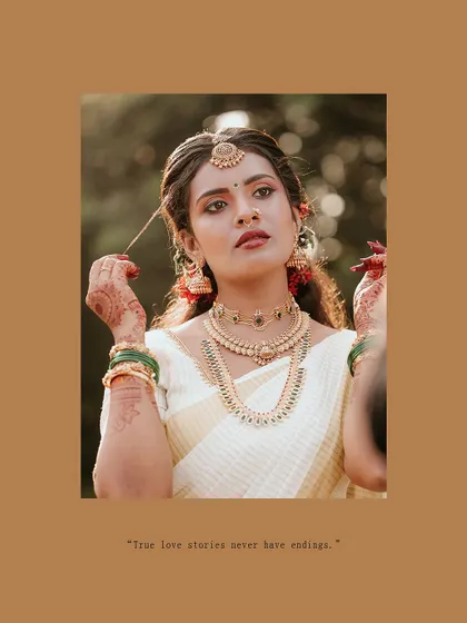 A beautiful close-up of the bride, with a quote about true love stories.