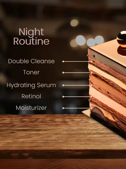 Your night routine is for repair and regeneration. This guide shows the ideal order: Double Cleanse, Toner, Hydrating Serum, Retinol, and Moisturizer to lock everything in.