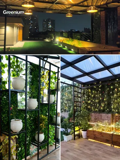 A collage showing the versatility of my terrace designs. I can create anything from a lively, well-lit space for evening parties to a quiet, green corner with plant stands and fairy lights for peaceful relaxation.
