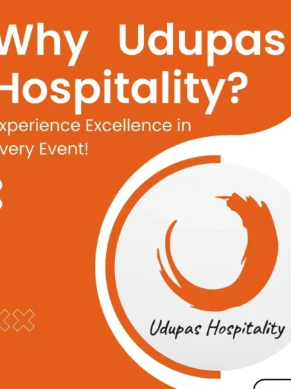 "Why Udupas Hospitality?" This branding graphic invites you to experience excellence in every event we craft, backed by our legacy and commitment to quality.
