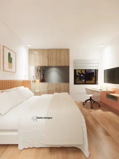 I designed this guest bedroom to feel warm and welcoming through the use of color and simple, clean lines. The space includes a comfortable bed, a compact study desk, and minimal decor to create a joyful and uncluttered environment for visitors.