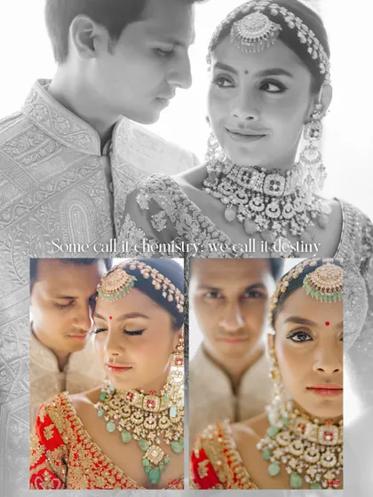 A collage of love. These multiple frames showcase the couple's chemistry and destiny, blending color and monochrome for an artistic, modern feel.