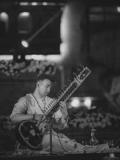 A black and white performance shot from my Nepal concert.