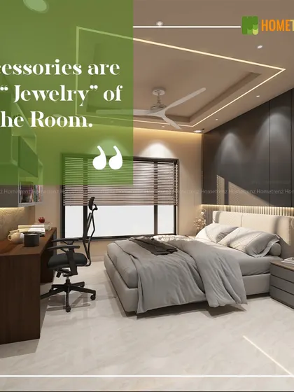 A bedroom that combines a work-from-home space with a restful sleeping area. The fluted wall panel and cove lighting in the ceiling add a layer of sophistication.