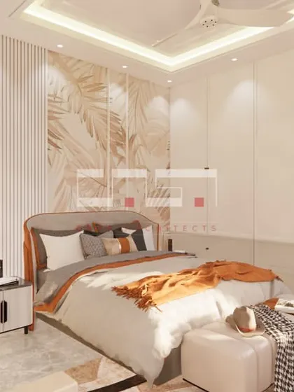 This bedroom render features a warm, autumnal color palette with an orange throw, a botanical accent wall, and elegant, modern furniture.