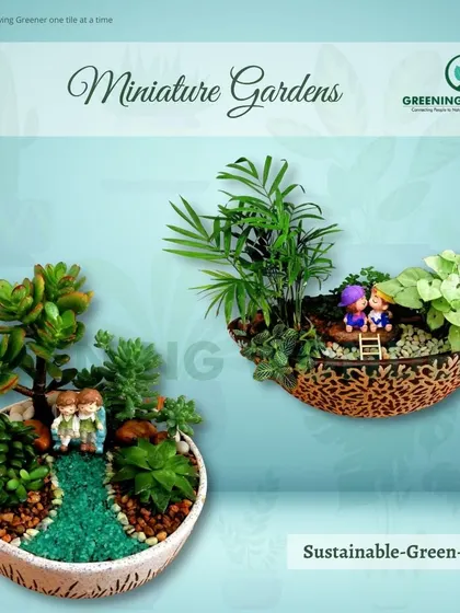 These miniature gardens create serene landscapes, one with a tiny couple on a bridge over a faux river and another with a couple on a ladder.