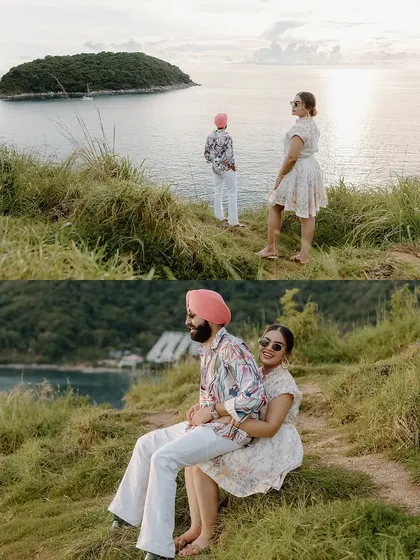 A two-panel image showing the couple enjoying the spectacular views from a hilltop in Thailand.