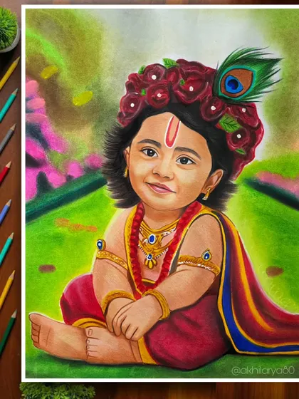 This Janmashtami special portrait of a child as Lord Krishna is one of my favorites. Created on A2 paper, the vibrant colors and soft details capture the divine innocence, making it a cherished piece for the family.