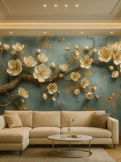 This elegant 5D wallpaper showcases white cherry blossoms on a teal textured background with golden flecks, creating a beautiful contrast and a sophisticated look.