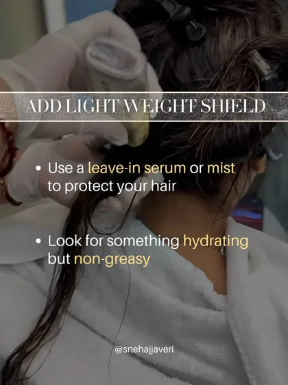 During the monsoon, it's important to add a lightweight shield to your hair. A non greasy, hydrating leave in serum or mist can protect your hair from humidity without weighing it down.