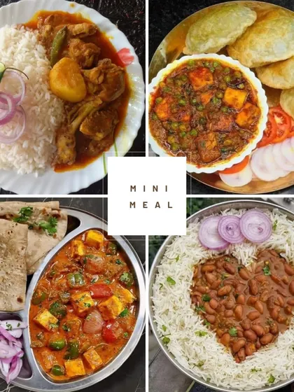 A collage showcasing the variety in my mini meals. You can see our chicken curry with rice, matar paneer with pooris, kadhai paneer with roti, and the ever-popular rajma chawal.