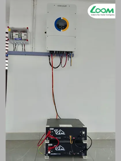 A powerful 10 kW solar system with stacked rack-mount lithium batteries installed in Mangalore, Karnataka. This setup is designed for zero power cuts and significant reductions in electricity bills for larger homes or small businesses.