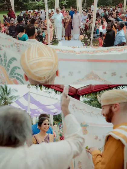A moment from a South Indian wedding where the curtain is lowered, revealing the bride to the groom for the first time. We capture the anticipation and emotion of this beautiful tradition.