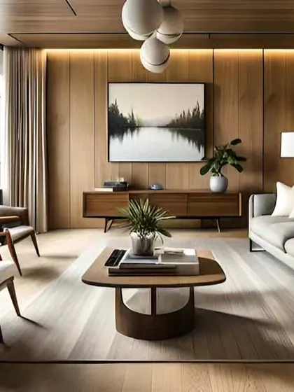 A contemporary living room with a view. The design uses natural wood tones and clean lines to complement the urban landscape outside.