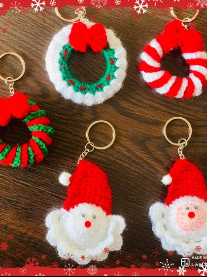 These Christmas-themed keychains, featuring wreaths and Santa faces, are perfect for adding to gift hampers or as small, festive presents.
