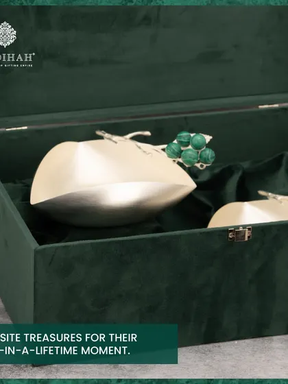 The Malachite Collection, featuring exquisite apple-shaped jars in a green velvet box. These are treasures crafted for a once-in-a-lifetime moment, perfect for milestone celebrations.