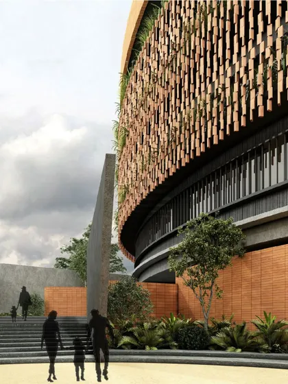 This render focuses on the interaction between the building's curved façade and the surrounding landscape. The design incorporates green elements at multiple levels, reinforcing the synergy between architecture and nature.
