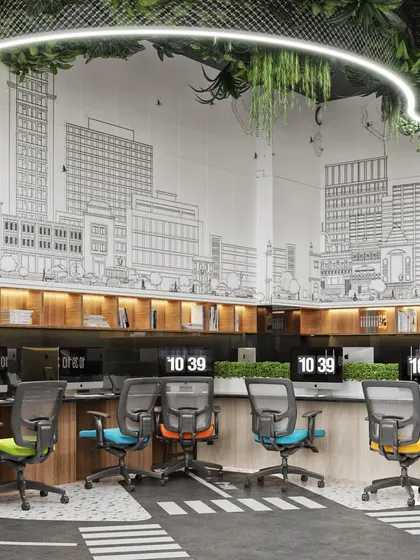 A concept for a modern, biophilic office workstation area. This visualization explores creative commercial design, featuring a custom ceiling with integrated greenery, unique floor patterns, and a city-scape mural to create an inspiring work environment.