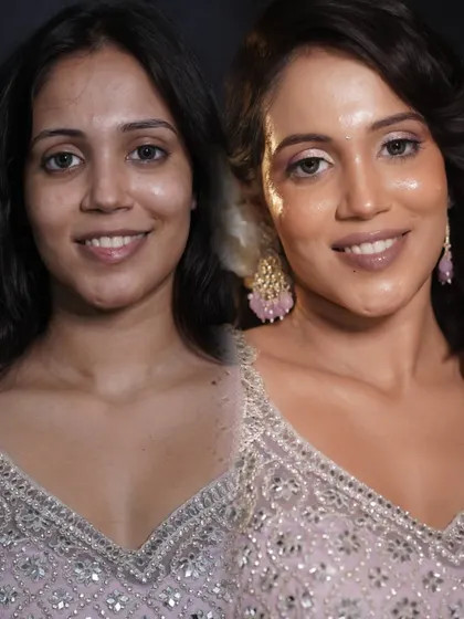 A beautiful before-and-after from my professional makeup course, demonstrating a flawless glass skin look on a model. This is the level of skill you can achieve.