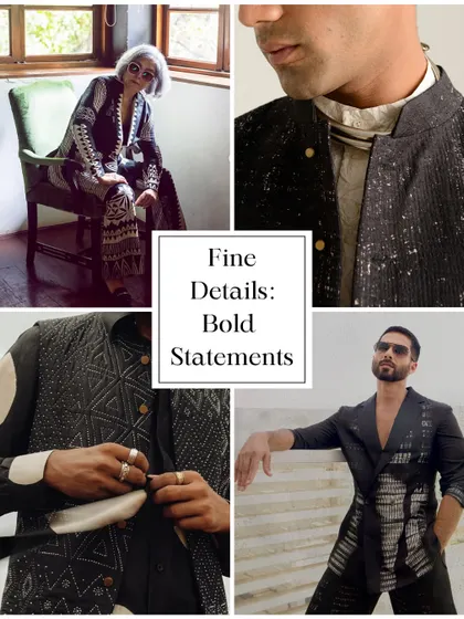 A mood board of finely detailed menswear. The styling focuses on bold statements through unique textures, unconventional layering, and artisanal embroidery for a sophisticated yet edgy look.